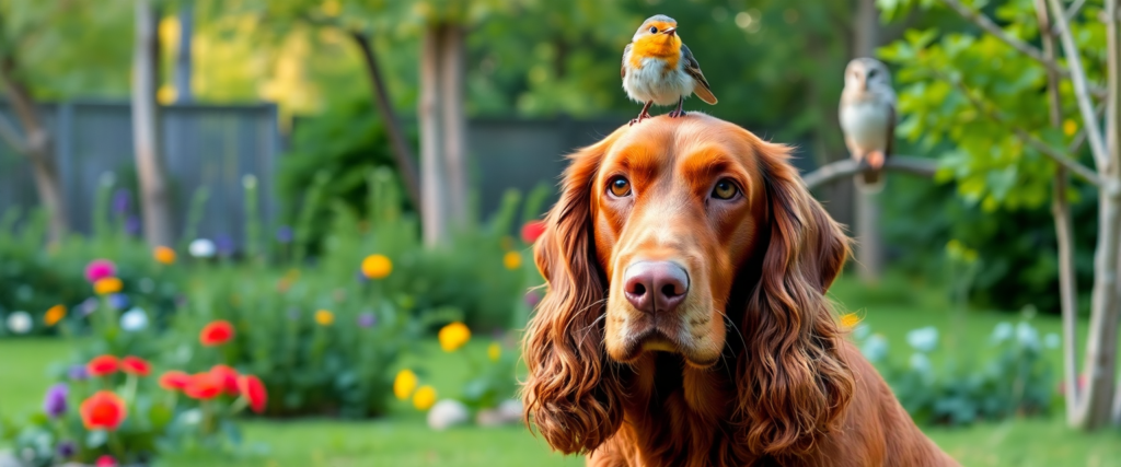 An Irish Red Setter sat in a lush garden looking at the camera with a robin red breast sat on its head. In the background there are trees and in one of those trees sits an owl.